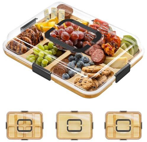 SpaceAid Charcuterie Board with Clear Lid, Portable Travel Cheese Cutting Boards for Picnic Accessories, Bamboo Serving Tray with Lids, House Warming Gifts, Black Handles, 8 Compartments