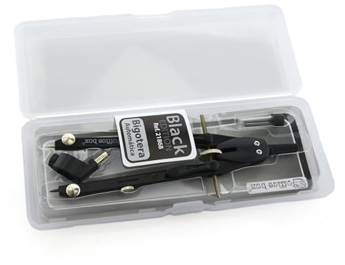 Office Box Compás Bigotera Automática de Precisión – Patas Articuladas en Caja Resistente a Golpes con Minas de Recambio + Punzón y Adaptador Universal. (Negro)