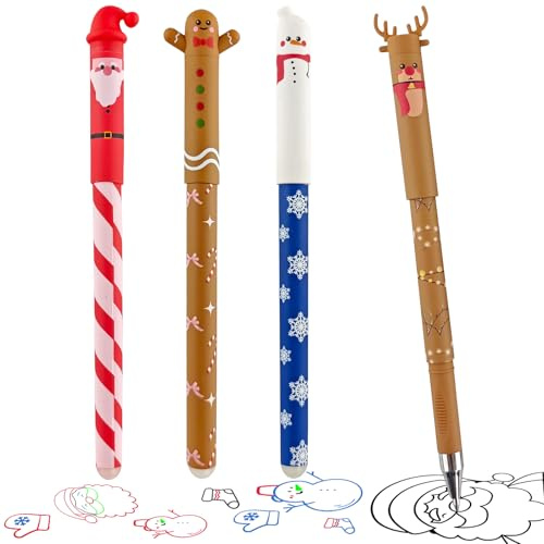 wokdsbl 4 Stück Weihnachtsstifte Radierbare Gelstifte mit Radiergummi | Mit Weihnachtsmann Schneemann Lebkuchenmann und Rentier, Thermosensible Tinte für Schule Büro und Weihnachtsgeschenke