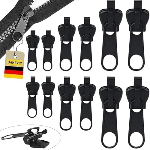 BAKEVIC Reißverschluss Zipper,12 Stück Reisverschluss Reparatur Set,Abnehmbare Zipper Pull Fixer Reparatur Set für Universal,Kleidung,Bettzug, Gepäck.