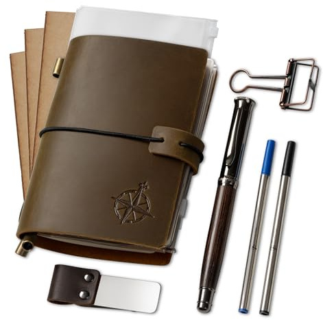 WANDERINGS Pocket Notebook Bundle - 4 x 5.1 / 10x13cm - Small, Passport Size Refillable Travelers Notebook - Includes a Pen Holder with a Pen and 2 extra Ink Refills, a PVC Folder, a Binder Clip