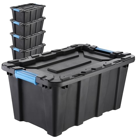 IDEA HOME TechBox HD 40L Aufbewahrungsbox mit Deckel – Schwerlast-Stapelbox, Werkzeugkiste, Organizer-Box aus robustem Kunststoff in Schwarz, Set mit 5 Stück
