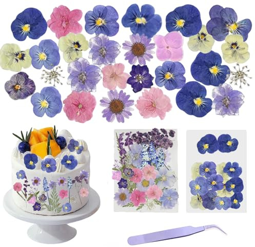40 Pcs 14 Types of Dried Flowers For Cakes Natural Pressed Flowers Cake Decorations Cake Toppers-Mix of Tricoloured Violas for Cupcake Toppers, Cocktails, DIY Crafts