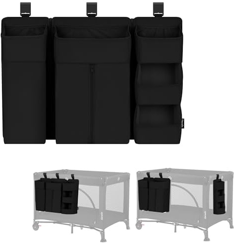 LIONELO Sidepocket Stor Hängande Arrangör och Organisatör för Barnsäng (58×11×58 cm) med 3 Moduler, Flera Fickor & Dragkedja, Passar Spjälsäng, Skötbord & Resesäng, Tvättbar Babyförvaring, Svart