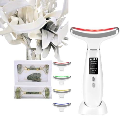 Facial And Neck Beauty Device with Jade Stone Gua Sha Roller Set, Skin Care Face Massager at Home White, 6 In 1 Light Therapy Face Sculpting Tool with Vibration - Free Jade Stone Roller Set($17 value)