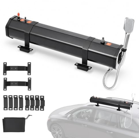 BAOCHADA Dachgepäckträger-Wassertank Wasserspeicher mit 30L Solar-Duschtank & Druckpumpe (1.6 bar), Campingdusche Camping Dusche Outdoor für Kofferräume Überrollbügel Querträger
