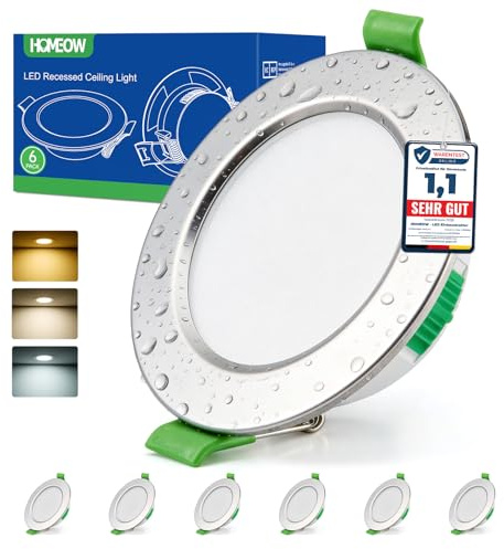 HOMEOW Einbaustrahler LED Spots 230V 68mm - 80mm Lochmaß IP44 Deckenspots | Warmweiß 2700K Neutralweiß 4000K Kaltweiß 6000K Spots Deckenleuchte, 24mm Flach Einbauleuchten für Badezimmer, Nickel 6er Set