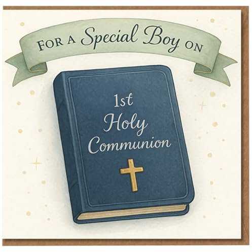 For a Special Boy on 1st Holy Communion Card - Religious First Communion Greeting for Son, Grandson or Nephew - Cross and Prayer Book Design