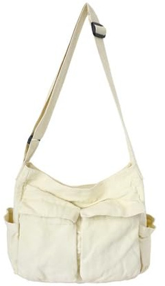 2026 Bolso bandolera de lona para mujer, gran capacidad, bolso bandolera, estilo bohemio casual, para el trabajo diario, duradero, a la moda, Blanco, 35*14CM, Mochilas rucksack