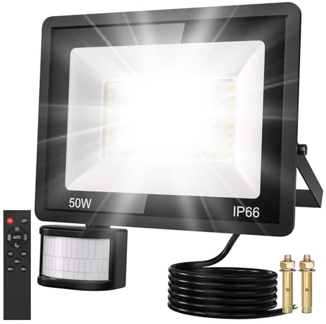 Aussenlampe Mit Bewegungsmelder 50W LED Strahler Mit Bewegungsmelder Außen Licht Fernbedienung 6500k Kaltweiß Ip66 Wasserdicht,Timer,Superhell Aluminium Lampe Wandstrahler Für Hof, Garage,Garten