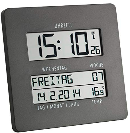 TFA Dostmann 60.4509 Time Line Funk-Wanduhr mit Temperatur und Wochentagsanzeige (grau)