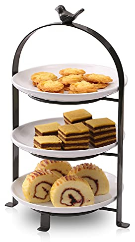 SparkWorks Présentoir à gâteaux à étages, Plateau de Service Tea Party, Support à Desserts et Cupcakes, Support de Service à étages en métal Comprenant 3 Assiettes en grès Blanc de qualité supérieure