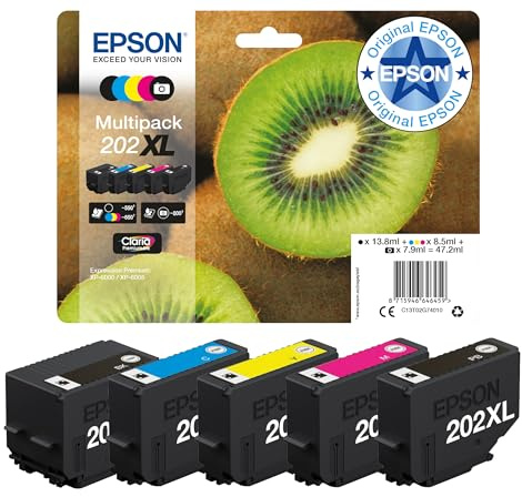 Epson 202XL Kiwi Genuine High Yield Multipack, 5-colours Ink Cartridges, Claria Premium Ink