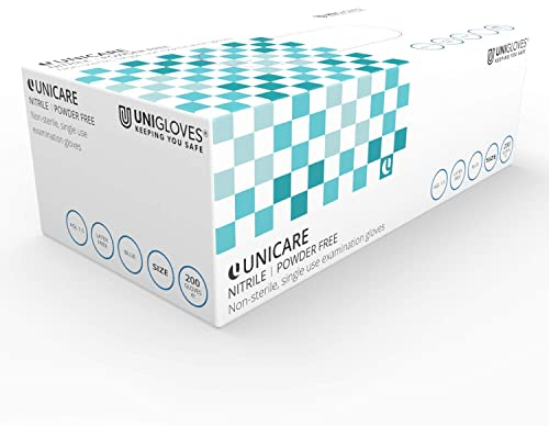 Unigloves Unicare Nitrile Examination Gloves - Multipurpose, Powder Free, Medical Grade Disposable Gloves - Box of 200 Gloves, Blue, Large (GS0044)