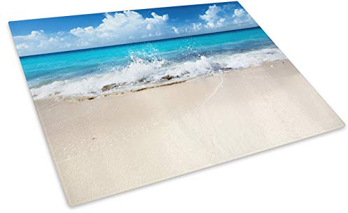 Blue White Beach Waves Glass Chopping Board Kitchen Worktop Saver Protector