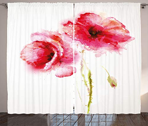 ABAKUHAUS rosa, Weiß, Rustikaler Gardine, Garten Mohnblume Floral, Schlafzimmer Kräuselband Vorhang mit Schlaufen und Haken, 280 x 225 cm, Hellrosa Pink und Weiß
