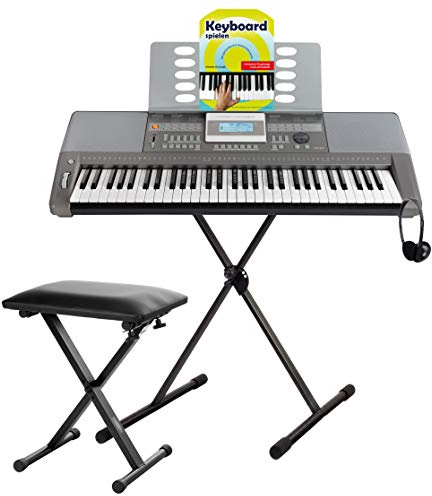 Classic Cantabile CPK-303 Keyboard Deluxe Set - 61 Tasten mit Anschlagdynamik - 508 Klänge und 180 Begleitrhythmen -inkl. Ständer, Bank, Tasche, Kopfhörer und Keyboardschule - grau