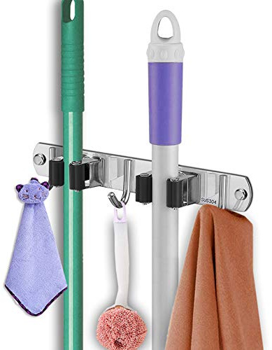 OBELON No-Drill Mop Holder Wall Mounted, Stainless Steel Broom Storage Rack with 2 Clips & 3 Hooks, Utility Room Organizer for Kitchen, Bathroom, Garage, Garden - Black