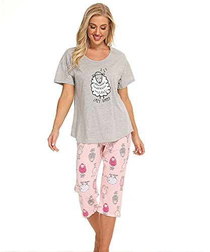 Misscoo Ensemble de Pyjama Femme Coton Manche Courte Vêtements de Nuit Fille Sleepwear Idéal pour Printemps et été