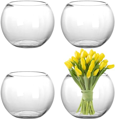 YOUEON 4 Pack Small Glass Bubble Bowl Vases, 15 cm Glass Terrarium Bowls Fish Bowls, Round Candle Holders, Globe Flower Vase Centerpiece for Wedding Event Home Decor