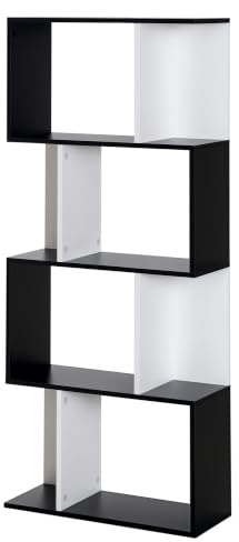 HOMCOM Bücherregal S-förmiges Standregal Lagerregal 4-stufige Vitrine mit Hardware-Schnalle moderner Raumteiler Spanplatte Schwarz+Weiß 60 x 24 x 148 cm