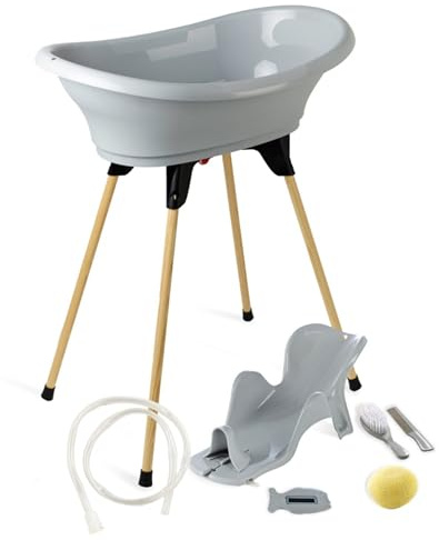 THERMOBABY - Pack Bain Bébé Vasco 7 en 1 Gris - Baignoire + Pied + Vidange + Transat de bain réglable + Thermomètre + Eponge + Brosse et peigne - Fabriqué en France