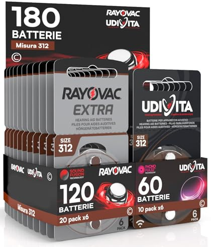 180 Piles Taille 312 pour Les Aides auditives PR41 (Marron - Zinc Air) avec la Technologie Phono Pulse pour amplificateur auditif - 180 Piles: 60 Udivita + 120 Rayovac