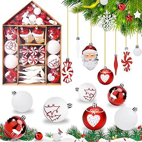 Boules de Noel Decoration Sapin Noel Blanc et Rouge 70 Pièces, Ornements De Boule Suspendus à La Maison De Fête De Mariage De Noël, pour Décorations de Noël Intérieure ou Extérieure