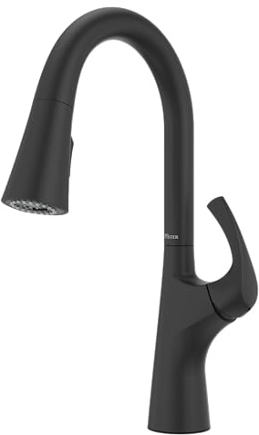 Pfister Talega Pull-Down Kitchen Faucet with Sprayer in Matte Black - Single Handle High Arc Spout with 3 Water Settings, 360° Swivel, and MagnePfit Magnetic Docking for Kitchen Sink