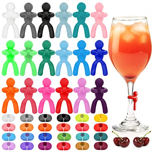Cersaty 44 Pièces Marqueur pour Verre - Réutilisables pour Vin, Champagne, Cocktail, Martini - Silicone (Couleur Mélangée)