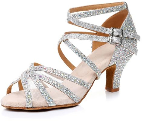 Rosefinch Lateinamerikanische Tanzschuhe mit Strasssteinen, Salsa-Tanzschuhe für Damen/Mädchen, weiche Sohlen, Silberne 5cm Absatz, 40 EU