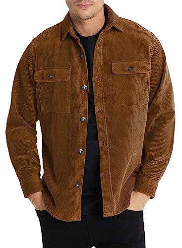 Elegancity Uomo Camicia in Velluto a Coste a Manica Lunga Casual Camicia Uomo Giacca Regular Fit Button Up Camicia Giacca con Tasca con Patta Marrone，S