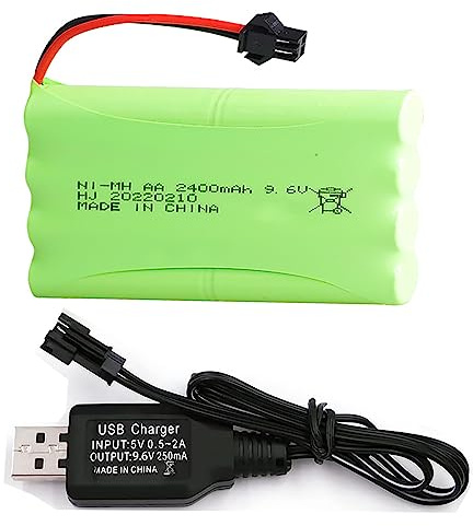 Yangers RC Rechargeable 9.6V 2400mAh 8S NI-MH AA Battery Pack SM 2P 2 Pin Plug Connector with USB Charger Set for RC Car Off Road Truck Jumper Crawler Boat Excavator Toys