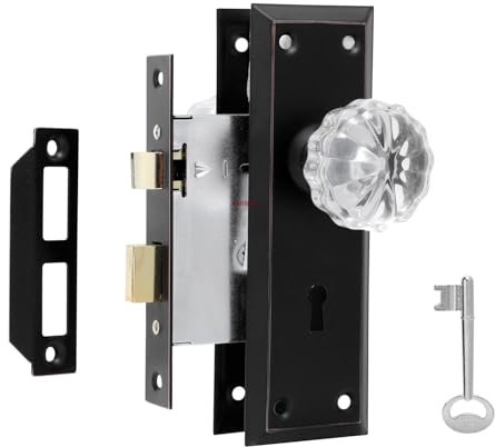 AKRILANE Mortise Lock Set Interior Door Antique & Vintage Style Knob with Keys - Crystal Oil Rubbed Bronze ORB