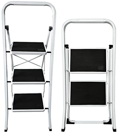 2/3/4 Tread Steel Step Ladder, Portable Step Ladder Foldable Stool with Handrail & Anti-Slip Wide Pedal, Safety Heavy Duty Step Ladder for Household, Home DIY