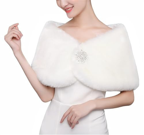BESTORI Chal de Piel Sintética Invierno Estola de Pelo Mujer Bolero para Fiesta Novia Bodas Blanco 4
