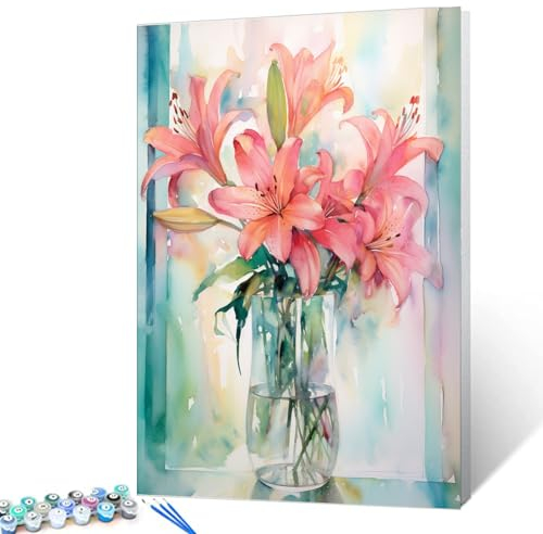 Tucocoo Rosa Lilie Malen nach Zahlen Kits 40 x 50 cm Leinwand DIY Ölgemälde für Erwachsene mit Pinseln und Acrylpigment – Blühendes Blumenvasenbild für Heimdekor-Geschenke (ohne Rahmen)