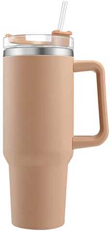 Onezebra 40oz Doppelwandiger Edelstahl Vakuum Isolierbecher Becher mit Griff und Strohhalm 1200ml Tumbler Trinkbecher Isolierter Kaffeebecher Autobecher Thermobecher Für Heiße Getränke Curry (Curry)