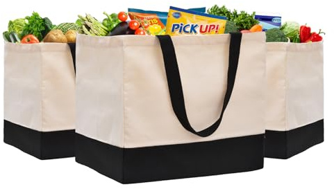 3 Pack Canvas Reusable Grocery Bags Heavy Duty, 8.3 gal Foldable Large Canvas Tote Bag with Handles, Holds 60 lbs Canvas Shopping Bags & Washable Eco-friendly Bags with 5 Pockets, Off white Black