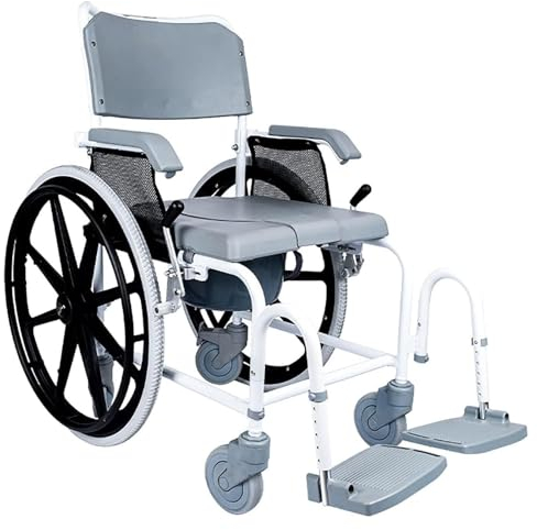 HAILM Toilettenstuhl Rollstuhl, Faltbare Transport Nachttisch Kommode, Dusch Toilettenstuhl Fahrbar mit Rädern Abnehmbar und Pedal Einstellbar, Tragfähigkeit 300 Lbs