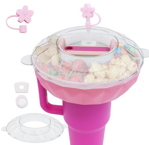 Snackteller mit Deckel für Stanley Cup 40oz, Snackschale mit 4 Fächern, Snack Bowl mit Auslaufsicher Strohstopper für Stanley Quencher Becher, Snack Tray für Stanley Zubehör für Kino & Camping(Rose)