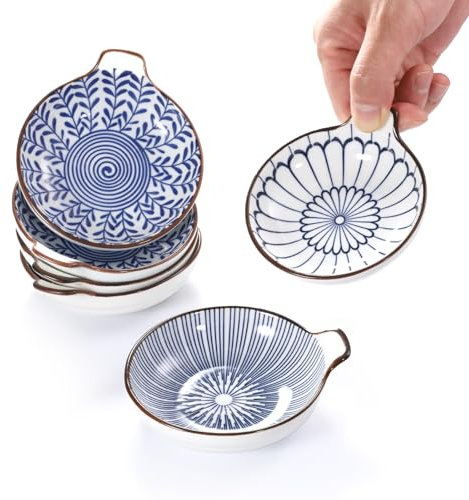 BEVIEVER Set de 6 cuencos pequeños de cerámica, 9,5 cm, cuencos para salsas con asa, platos para salsa de soja, acompañamientos, aperitivos, azul