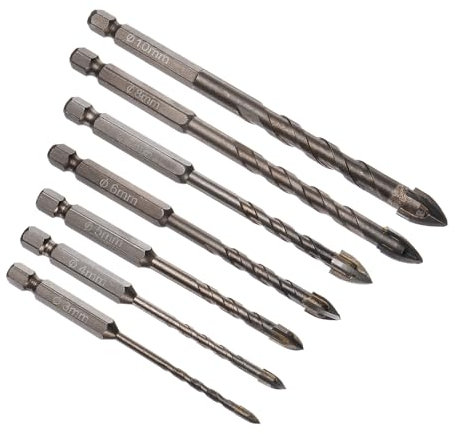 Kozelo 7pcs Set de mèches à maçonnerie - [3mm à 10mm] Set de mèches à béton pour brique/verre/plastique/carrelage, queue hexagonale de 1/4, carbure