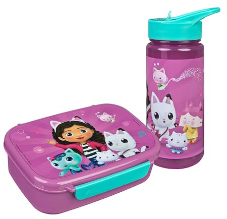 Scooli – Gabby's Dollhouse barnporslin, presentset – set bestående av matlåda och vattenflaska – perfekt för skolan eller dagis – för barn från 4 år – tillverkad av plast – BPA-fri