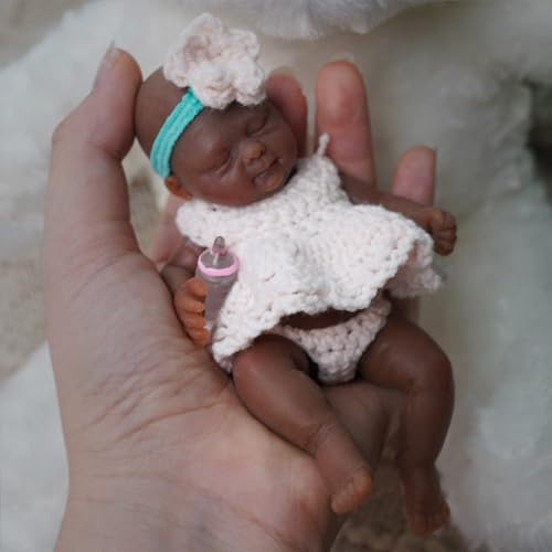 4.5 Inch Mini Silicone Baby Black, Reborn Baby Dolls Silicone Full Body Girl, Realistic Newborn Baby Doll Real Life Miniature Baby Doll with Feeding Accessories