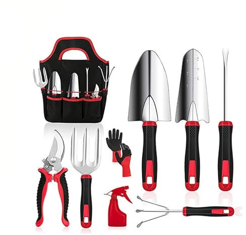Gartenwerkzeug-Set 8-teiliges Edelstahl-Handwerkzeug-Kit mit Kelle, Gartenschere, Rake, Schaufel, Gießkanne, Handschuhe und Aufbewahrungstasche für Gartenarbeit und Rasenpflege im Freien (rot)