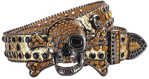 Elaineeu Strass-Totenkopf-Gürtel für Herren und Damen, Nietengürtel, Cowgirl-Gürtel für Damen, Gürtel für Jeans und Hosen, Schwarz + Gold, 115x3.8cm