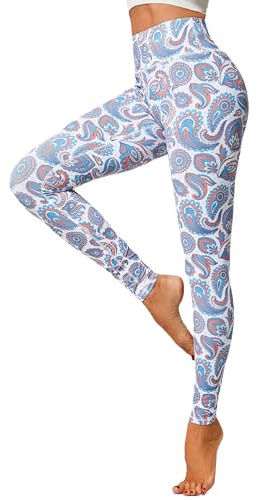 FLYILY Dam Elastiska Sportleggings Blommönster Löparbyxor för Kvinnor Hög Midja Leggings Stretch Långa Yogabyxor, Whiteprint, M