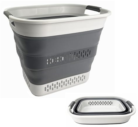 SAMMART Zusammenklappbarer Wäschekorb aus Kunststoff, 40 l, faltbarer Pop-Up-Aufbewahrungsbehälter/Organizer, tragbarer Wäschesammler, platzsparend (1, Grau/Stahlgrau)