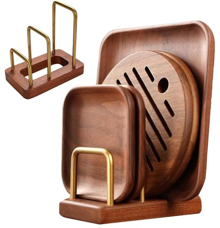 Nuyhgtr Organiseur de planche à découper, organisateur de rangement pour couvercles de casseroles, support de comptoir de cuisine, étagère à assiettes avec base en bois, plateau et poêle, rangement